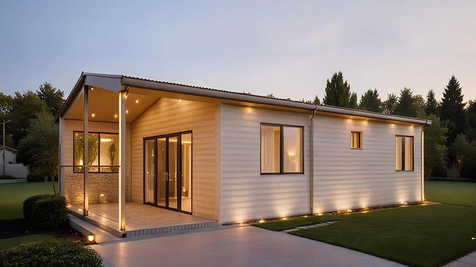 Moonlight House exterior with illuminated front deck at dusk