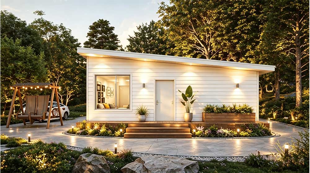 The Courtyard Cottage exterior in a landscaped garden setting
