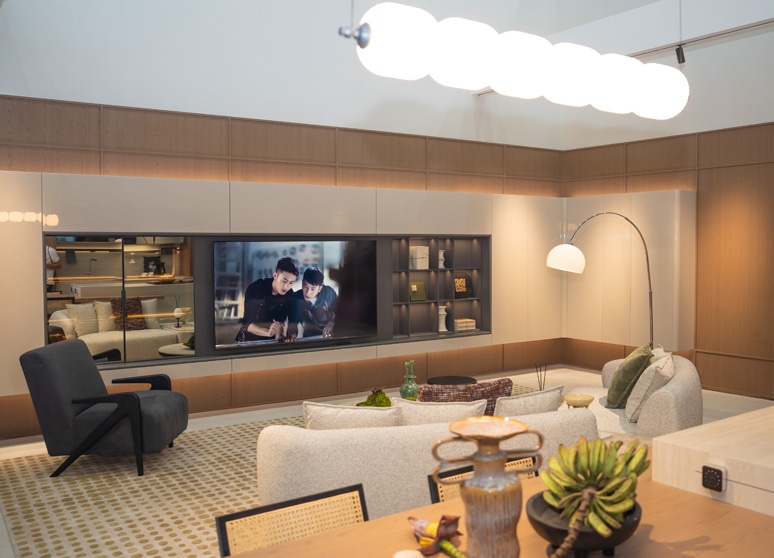 Completed contemporary interior with integrated cabinetry and living area