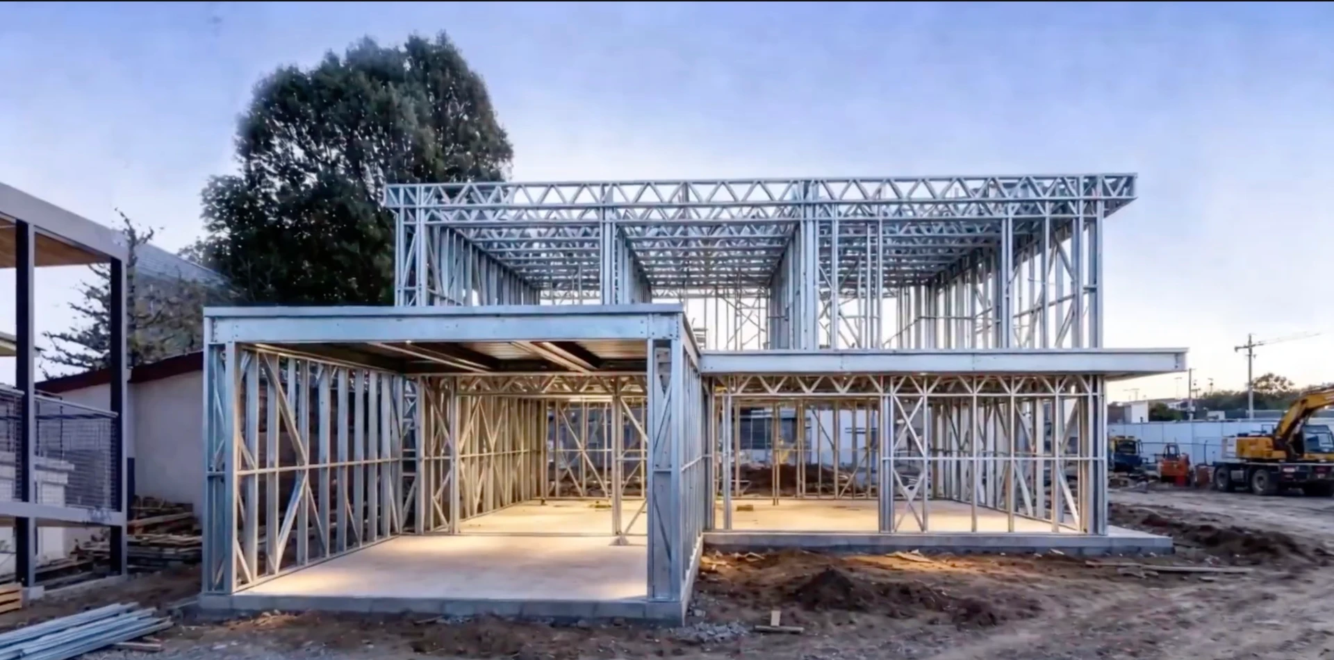 Engineered light-gauge steel frame forming a contemporary residence